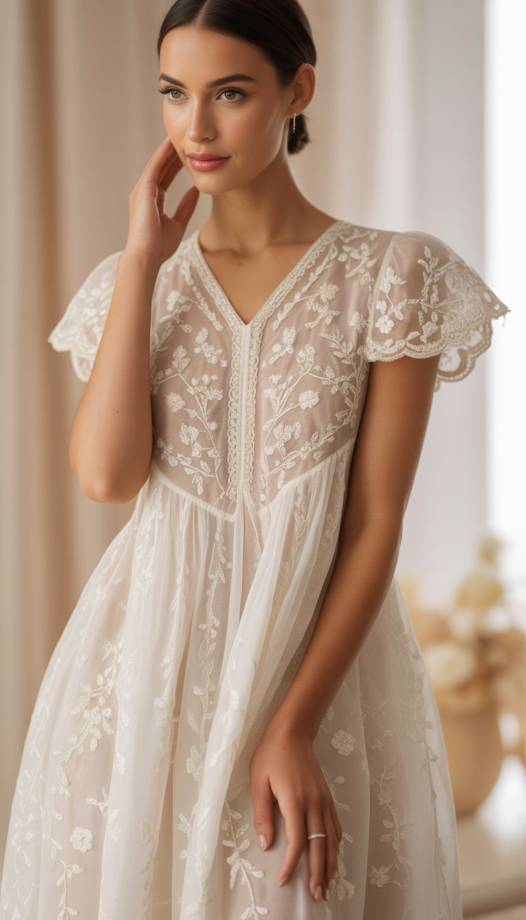 A woman wearing a white embroidered babydoll dress with cap sleeves, standing in a softly lit setting.